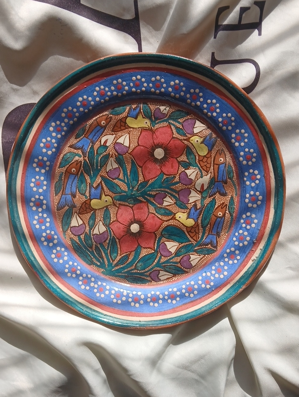 Hand-Painted Floral Decorative Plate - Blue & Multicolor 10 Inch Diameter